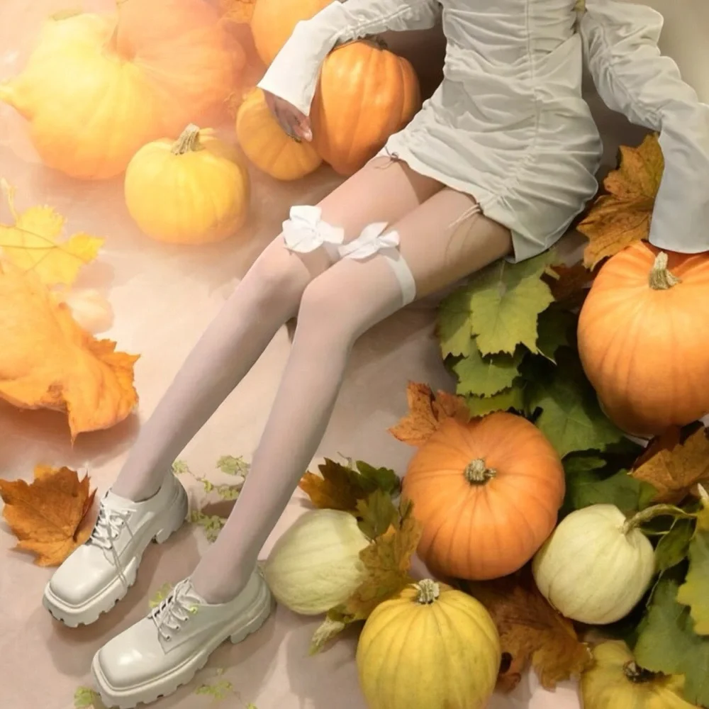 White Bow Thin Light Smooth Over The Knee‎ Socks Women's Stockings  One Size